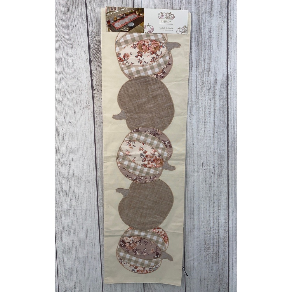 Shabby Chic Table Runner 14x48 Cream Tan Pumpkin Floral Gingham Applique Autumn